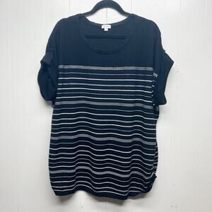 Avenue Striped Neutral Womens Short Sleeve Sweater Size 26/28 Stretch Gray Black